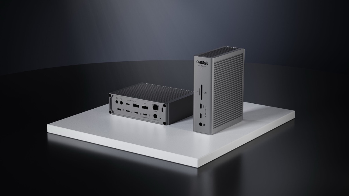 CalDigit TS5 Thunderbolt 5 dock showing rear ports and vertical orientation