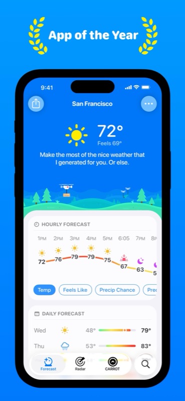 CARROT Weather app interface showing forecast with personality mode