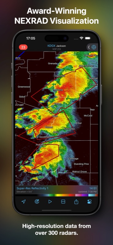 RadarScope app showing NEXRAD Super-Res Reflectivity radar data on mobile