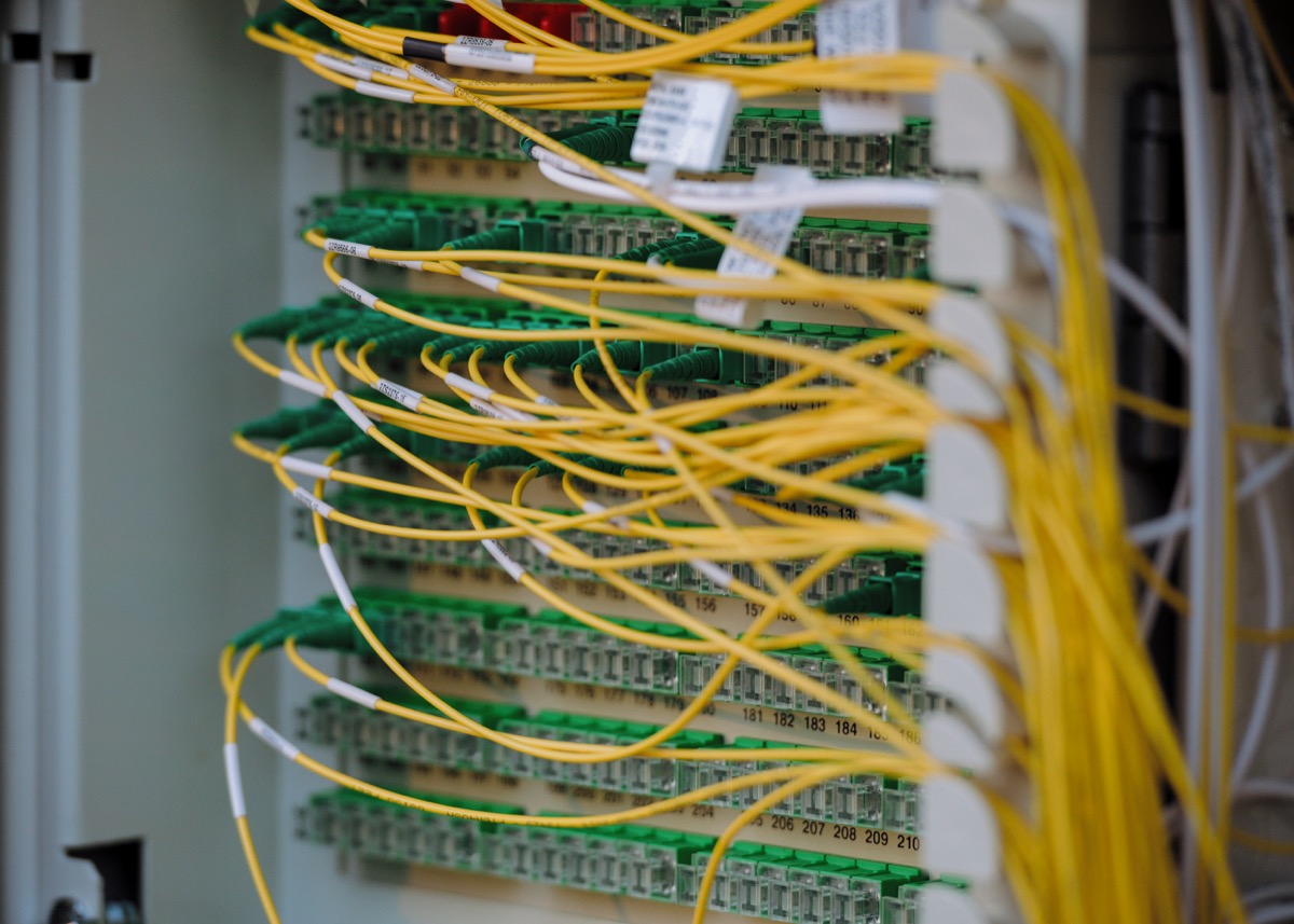 Fiber optic cables neatly connected in a network switch